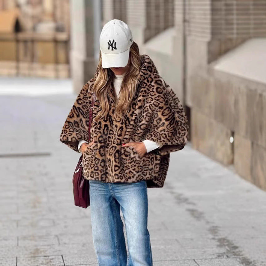 Women's Leopard Print Hooded Fur Coat With Zipper Comfortable Loose Autumn And Winter