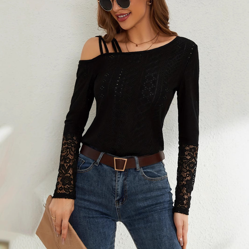 European And American Asymmetric Cross Off-shoulder Design Lace Stitching Coat