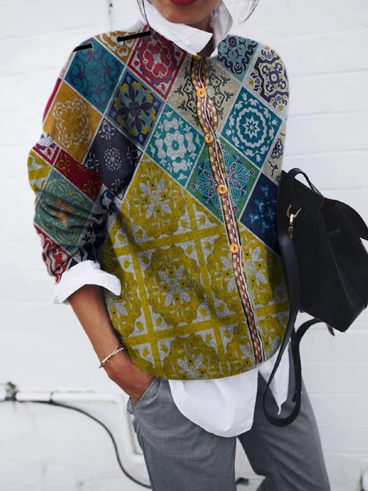 Fashionable Brushed Geometric Print Cardigan Long-sleeved Jacket