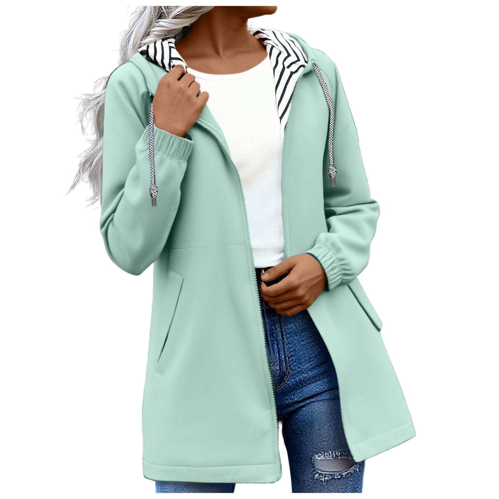Long-sleeved Splash-proof Long Windbreaker For Women With Hooded Raincoat, Large Size, Striped Lining
