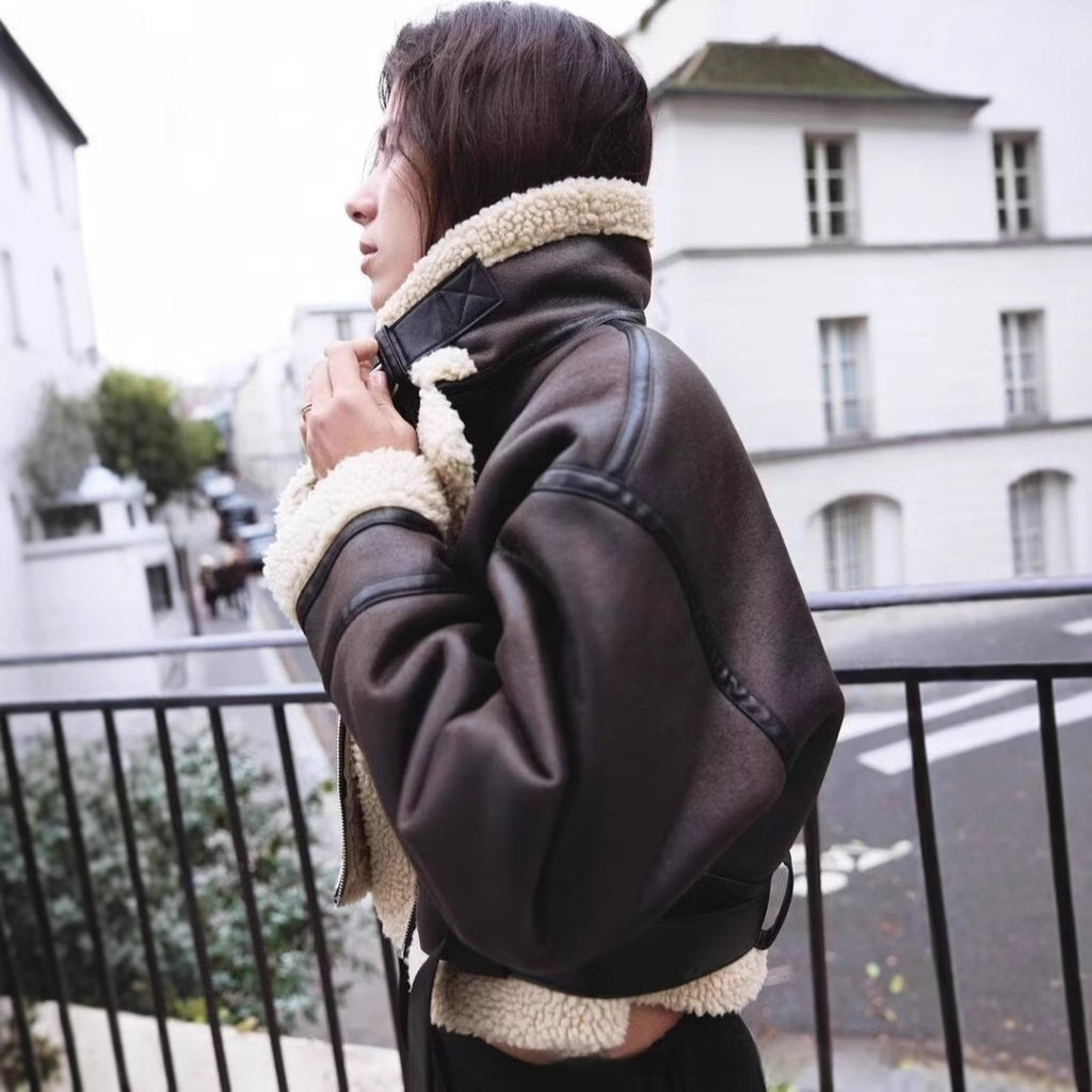 Wear Fur Integrated Lapel Thickening Warm Double-sided Casual Short Jacket Coat