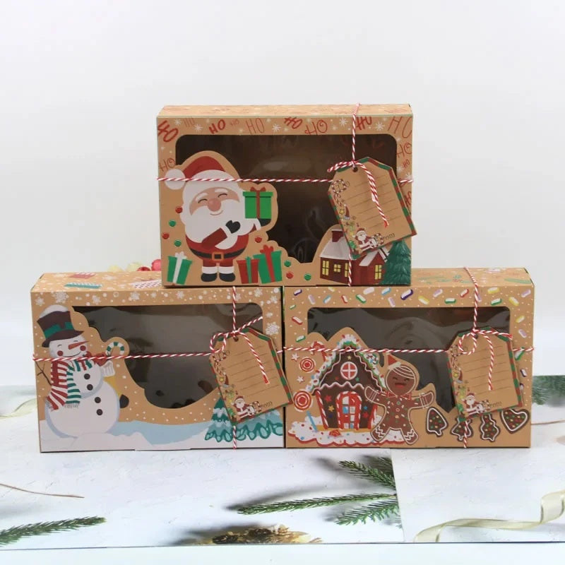 Christmas Gift Box Candy Cookie Santa Snowman Cartoon Kraft Paper Xmas Kids Bags New Year Event Party Supplies