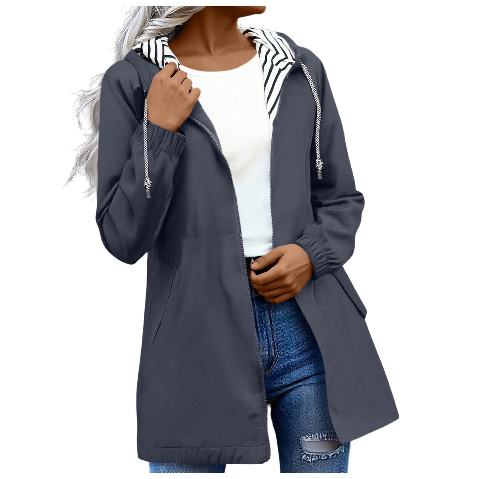 Long-sleeved Splash-proof Long Windbreaker For Women With Hooded Raincoat, Large Size, Striped Lining