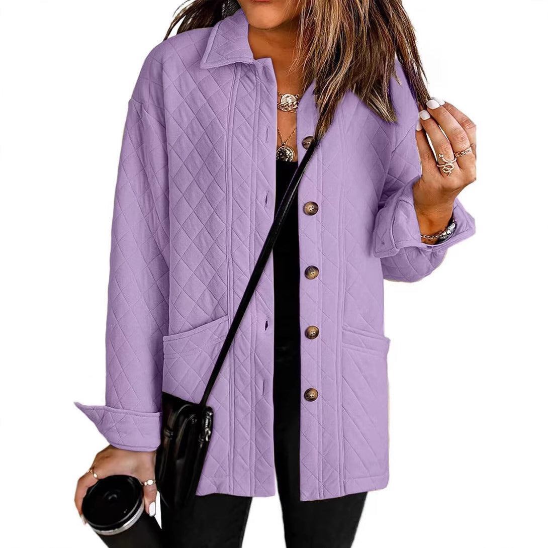 Women's Casual Quilted Jacket Button Long Sleeve Shirt With Pocket Coat