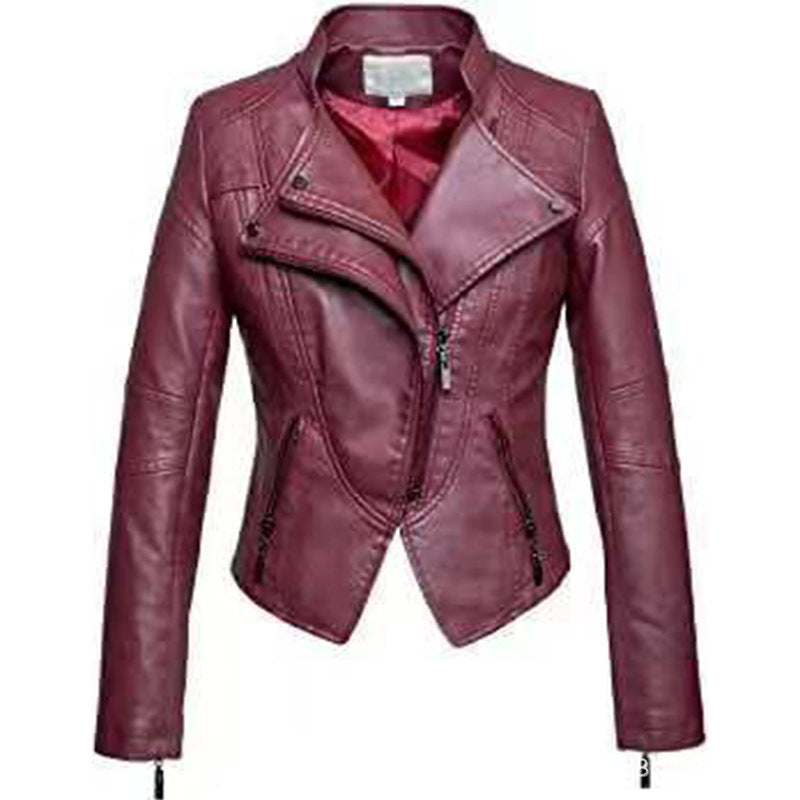 New Women's Leather Top Coat European And American Fashion Motorcycle Slim Fit Short Leather Jacket Jacket Zipper One Generation