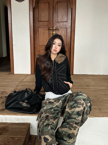 Women's Casual Loose Retro M Fur Collar Hood Bathroom Coat