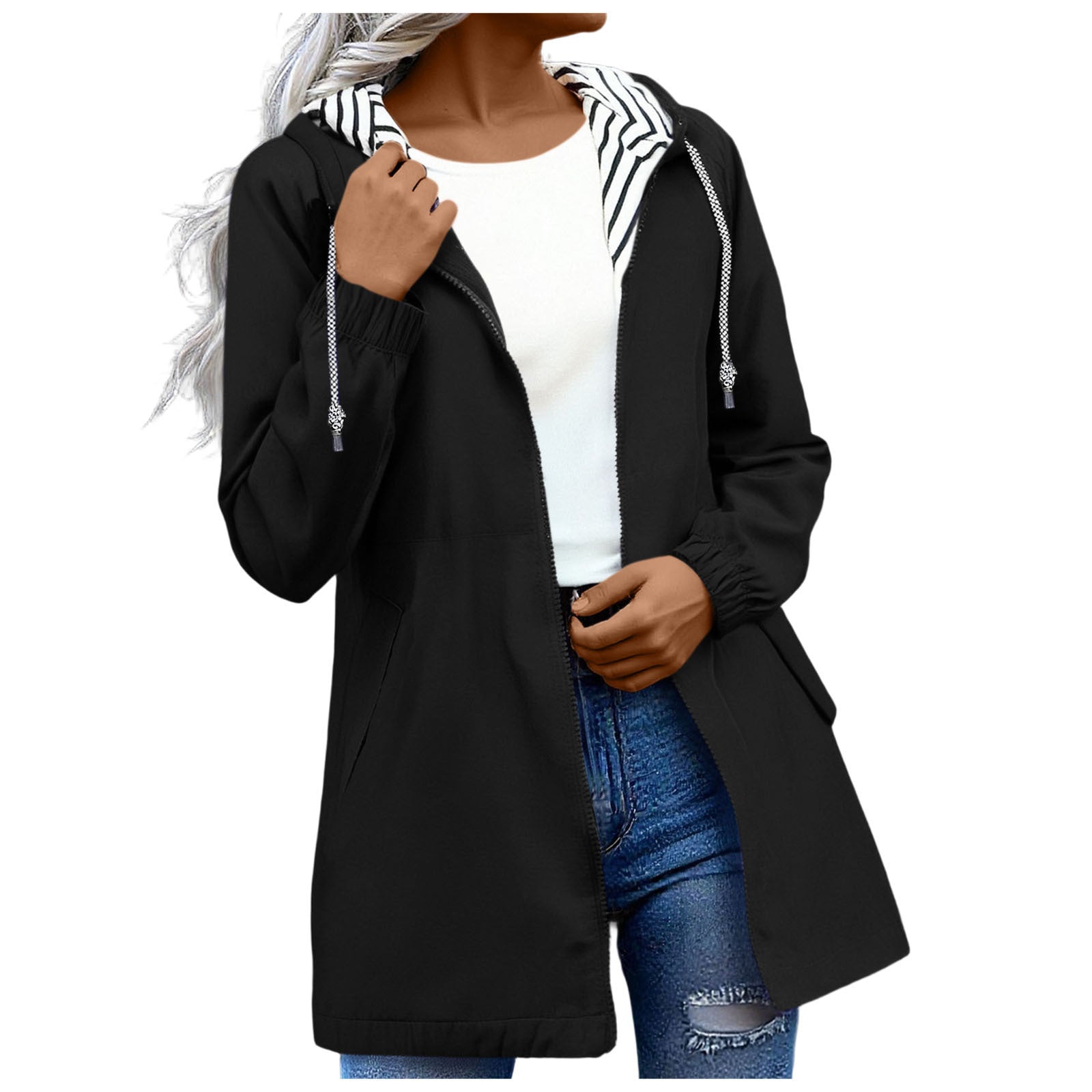 Long-sleeved Splash-proof Long Windbreaker For Women With Hooded Raincoat, Large Size, Striped Lining