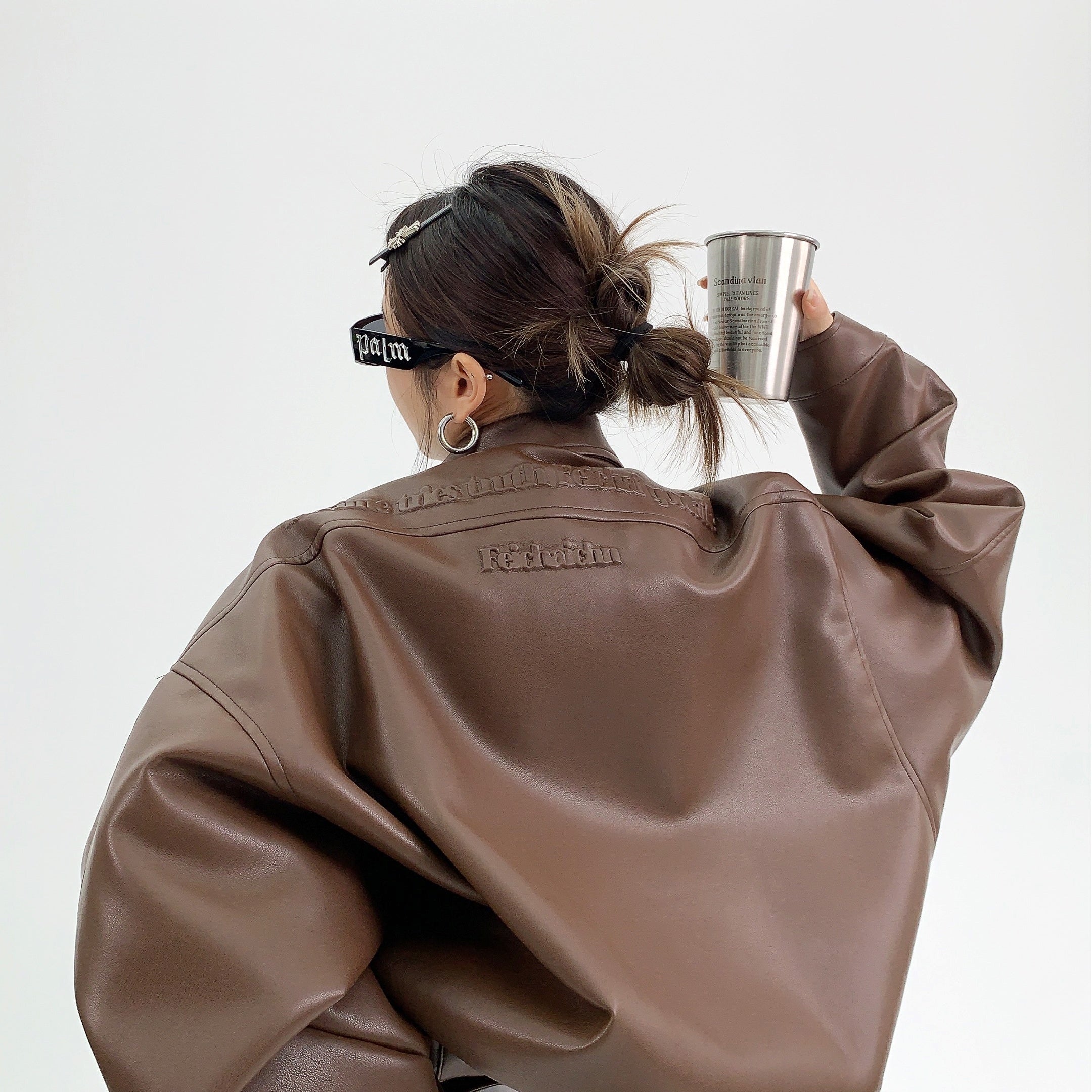 Troniche Steel Stamp PU Leather Motorcycle Jacket For Women