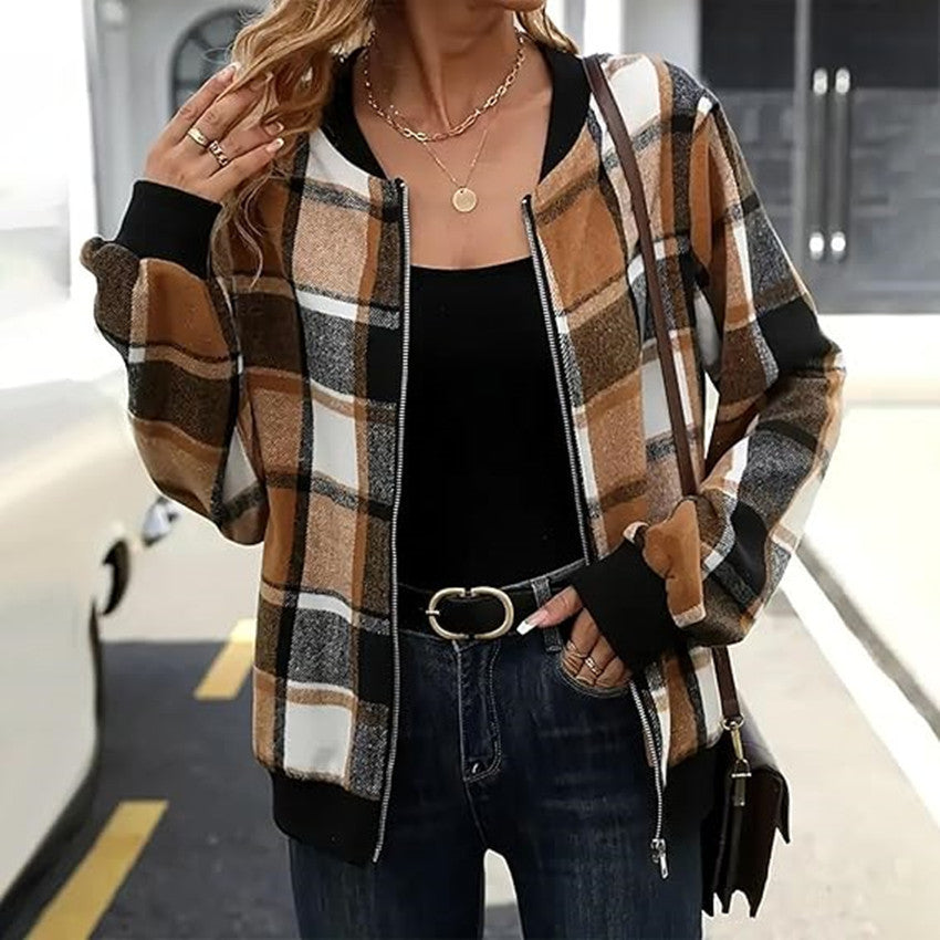 Temperament Commute Women's Plaid Zipper Baseball Uniform
