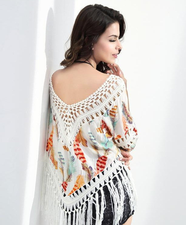 Printed Stitching Tassel Bikini Beach Shirt