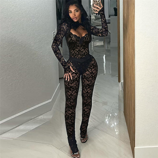 Fashion Solid Color Lace See-through Hollow Out Stitching Slim Fit Sexy