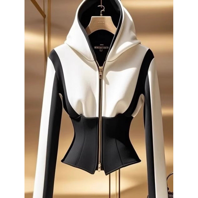 Spring Unique Temperament Hoodie High-grade Black And White Contrast Color Sweatshirt Coat