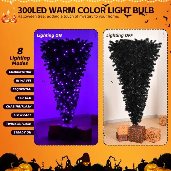 6 FT Pre-lit Upside Down Artificial Christmas Tree, Black Halloween Tree With 250 Purple Lights And Pumpkin & Skull Ornaments