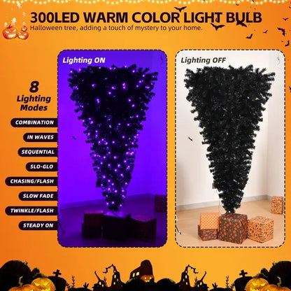 6 FT Pre-lit Upside Down Artificial Christmas Tree, Black Halloween Tree With 250 Purple Lights And Pumpkin & Skull Ornaments