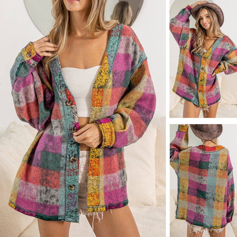 Single-breasted Long Sleeve Cardigan Color Plaid Coat