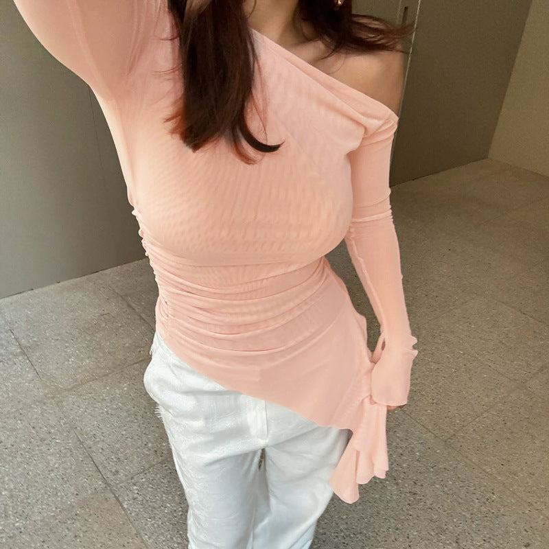 Women's Solid Color Diagonal Collar Beveled Hem Long Sleeve Top