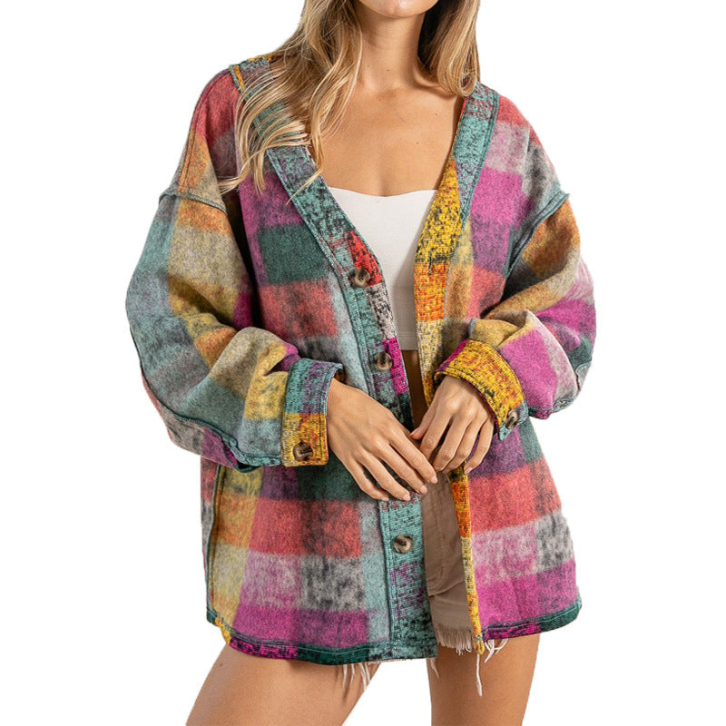 Single-breasted Long Sleeve Cardigan Color Plaid Coat