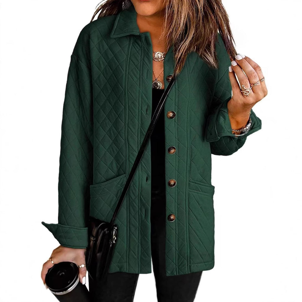 Women's Casual Quilted Jacket Button Long Sleeve Shirt With Pocket Coat