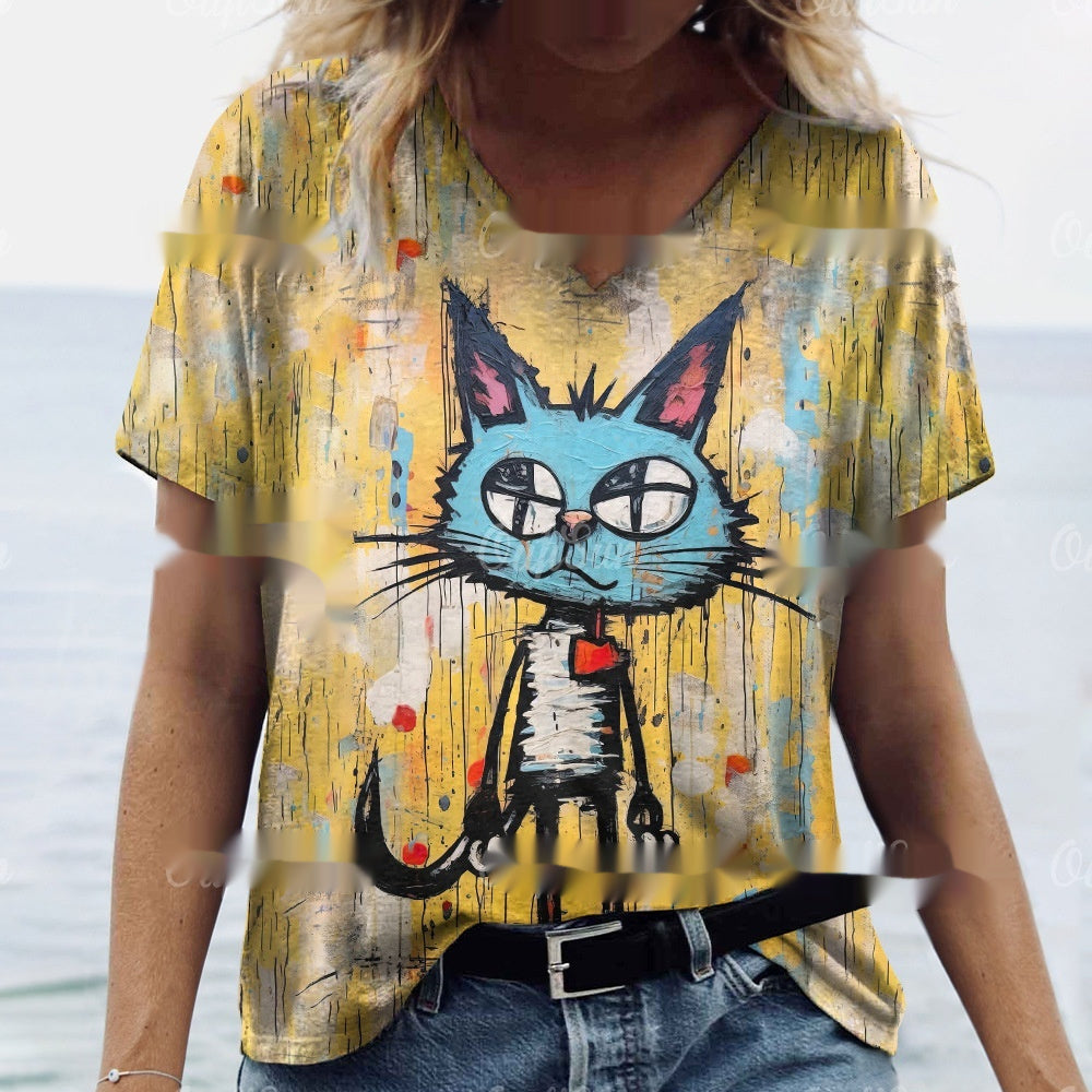 Women's Summer Cat Print Casual Short Sleeve