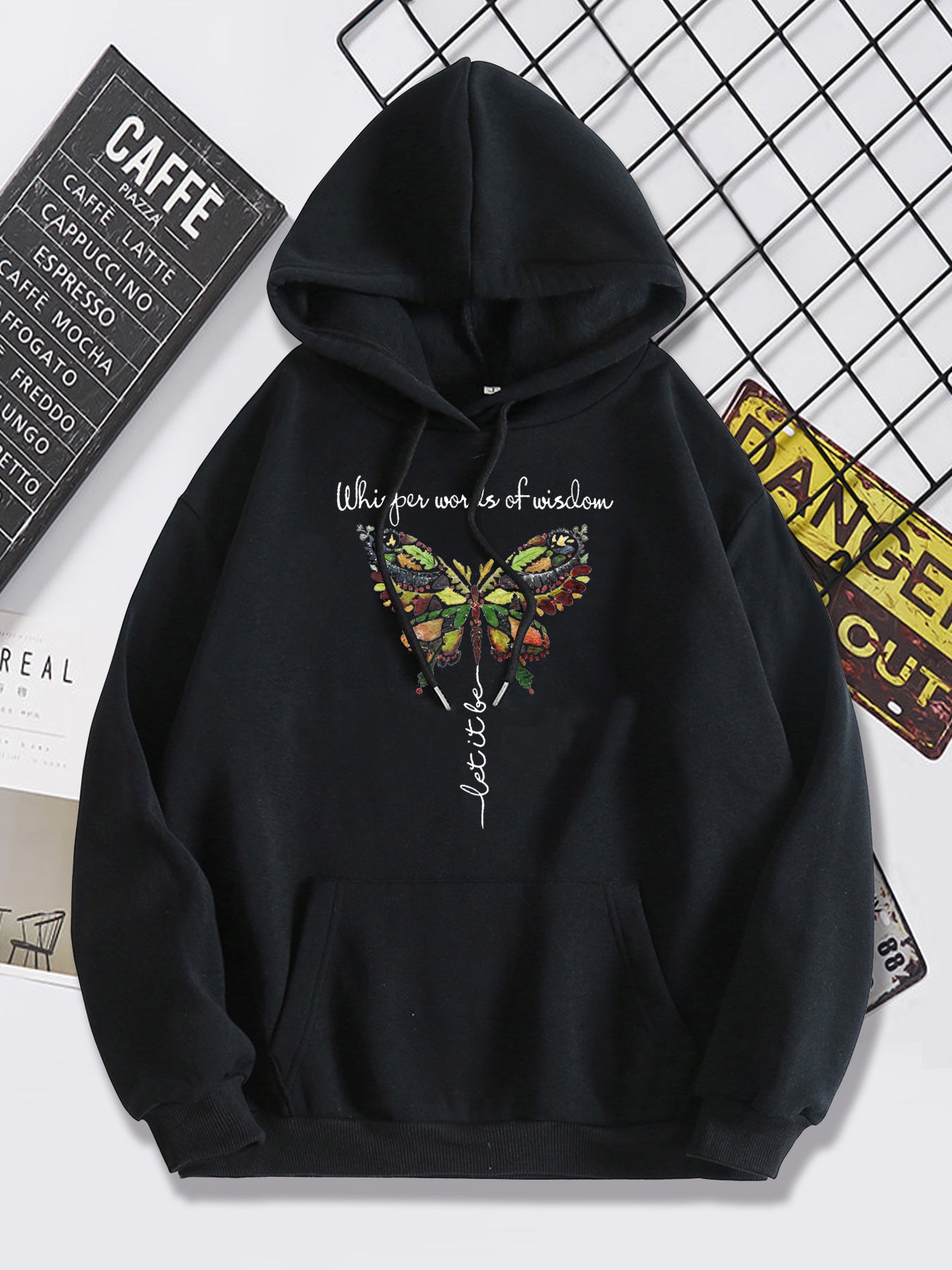 Fashion Butterfly Print Heel Wrapped Collar Brushed Hoody