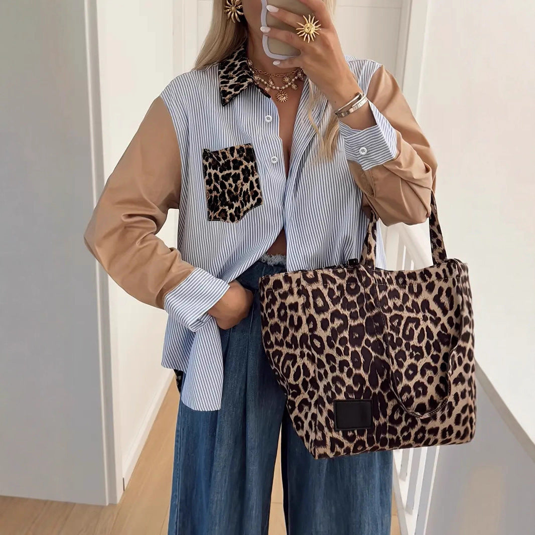 Women's Loose Leopard Print Patchwork Stripes Shirt