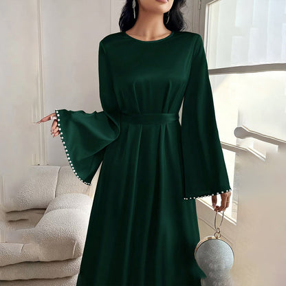 Elegant Round Neck Solid Color Flared Maxi Dress Long Sleeve With Pearl Cuff Detail, Modest A-Line Middle Eastern Abaya Party & Vacation Dress For Women