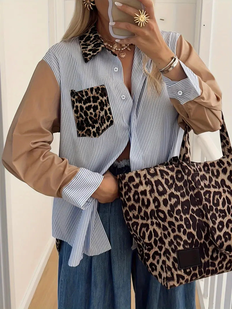 Women's Loose Leopard Print Patchwork Stripes Shirt