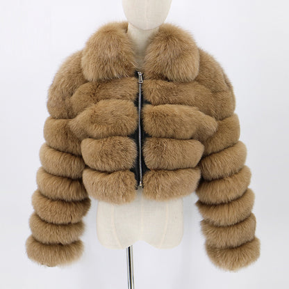Women's Fur Coat Fox Fur Stitching Short Lapel Long Sleeve Coat