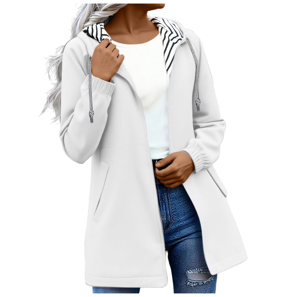 Long-sleeved Splash-proof Long Windbreaker For Women With Hooded Raincoat, Large Size, Striped Lining
