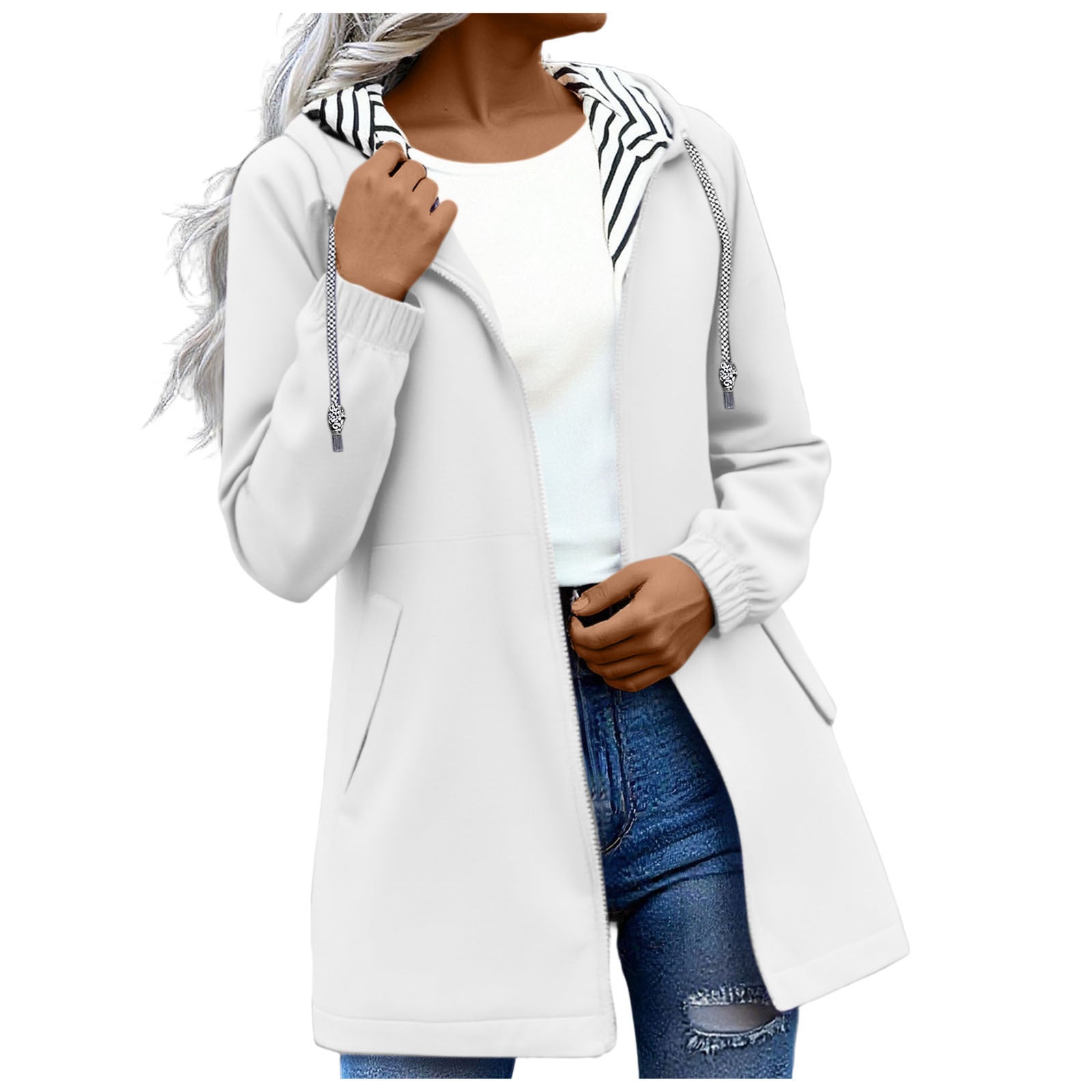 Long-sleeved Splash-proof Long Windbreaker For Women With Hooded Raincoat, Large Size, Striped Lining