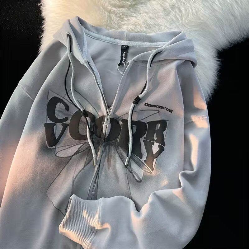 Sweet And Cool Style Bow Hooded Sweatshirt Women's Loose Cardigan Jacket Zipper Top Ins Trend