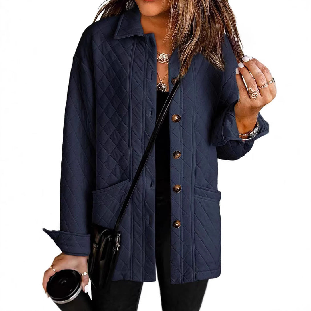 Women's Casual Quilted Jacket Button Long Sleeve Shirt With Pocket Coat