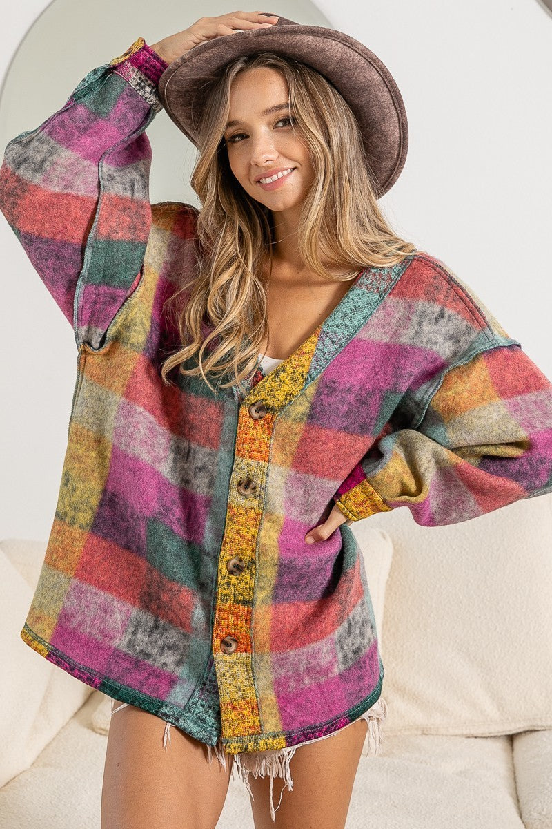 Single-breasted Long Sleeve Cardigan Color Plaid Coat