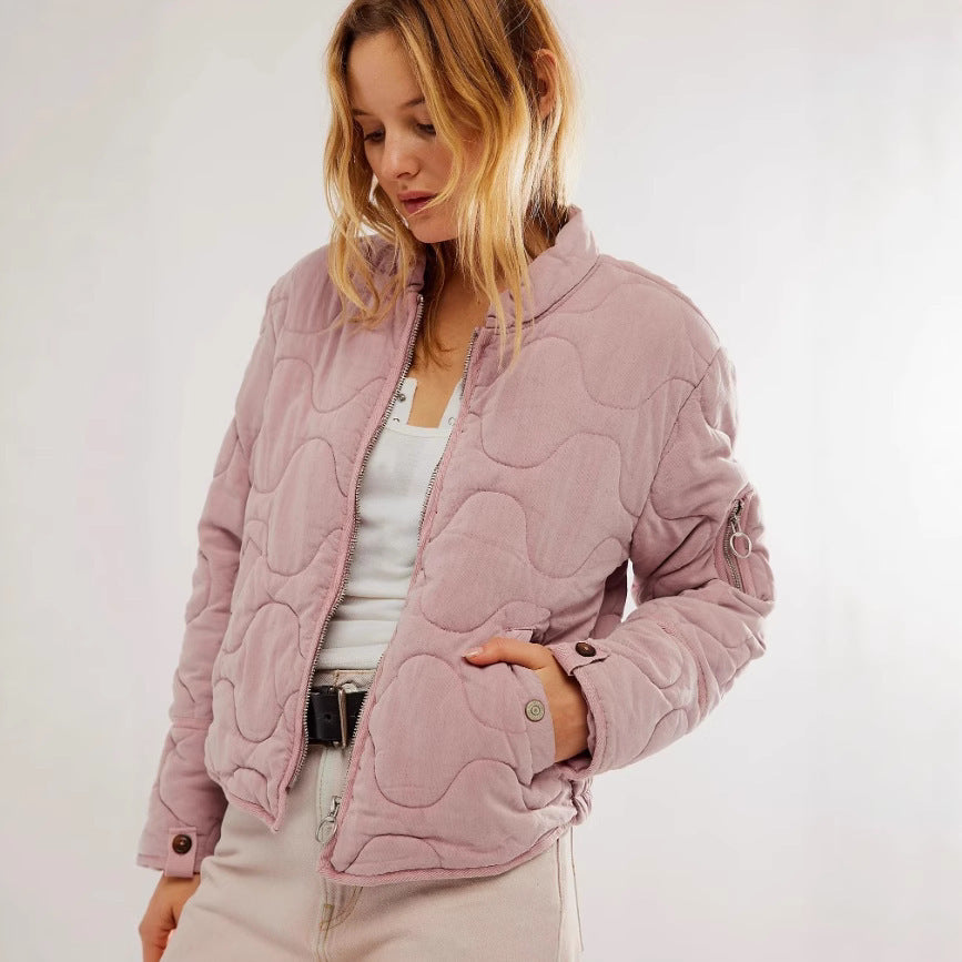 Women's Casual Quilted Cotton Jacket Loose Stand Collar Coat