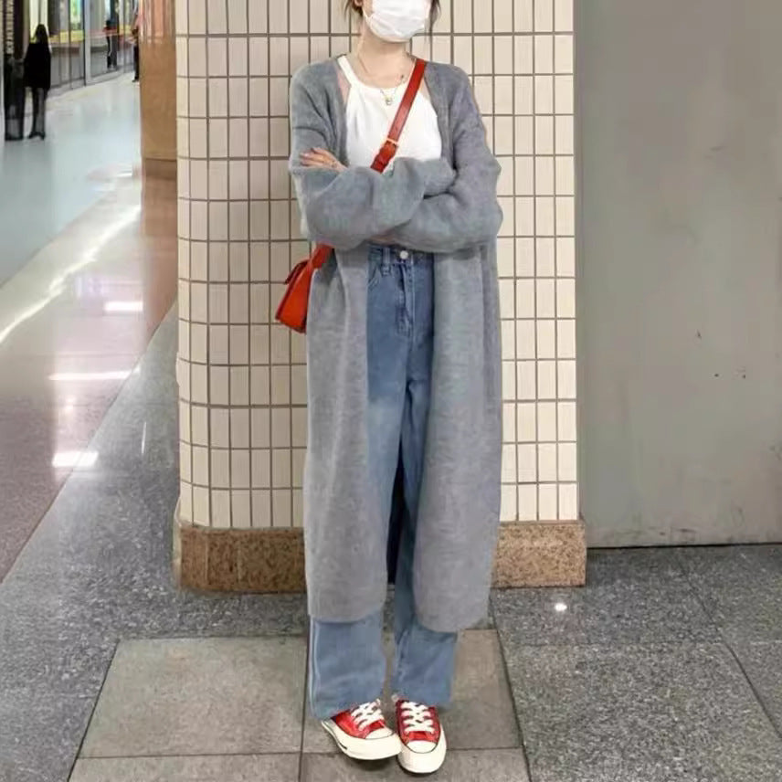 Women's Mid-length Knitted Cardigan V-neck Thickened Sweater Coat