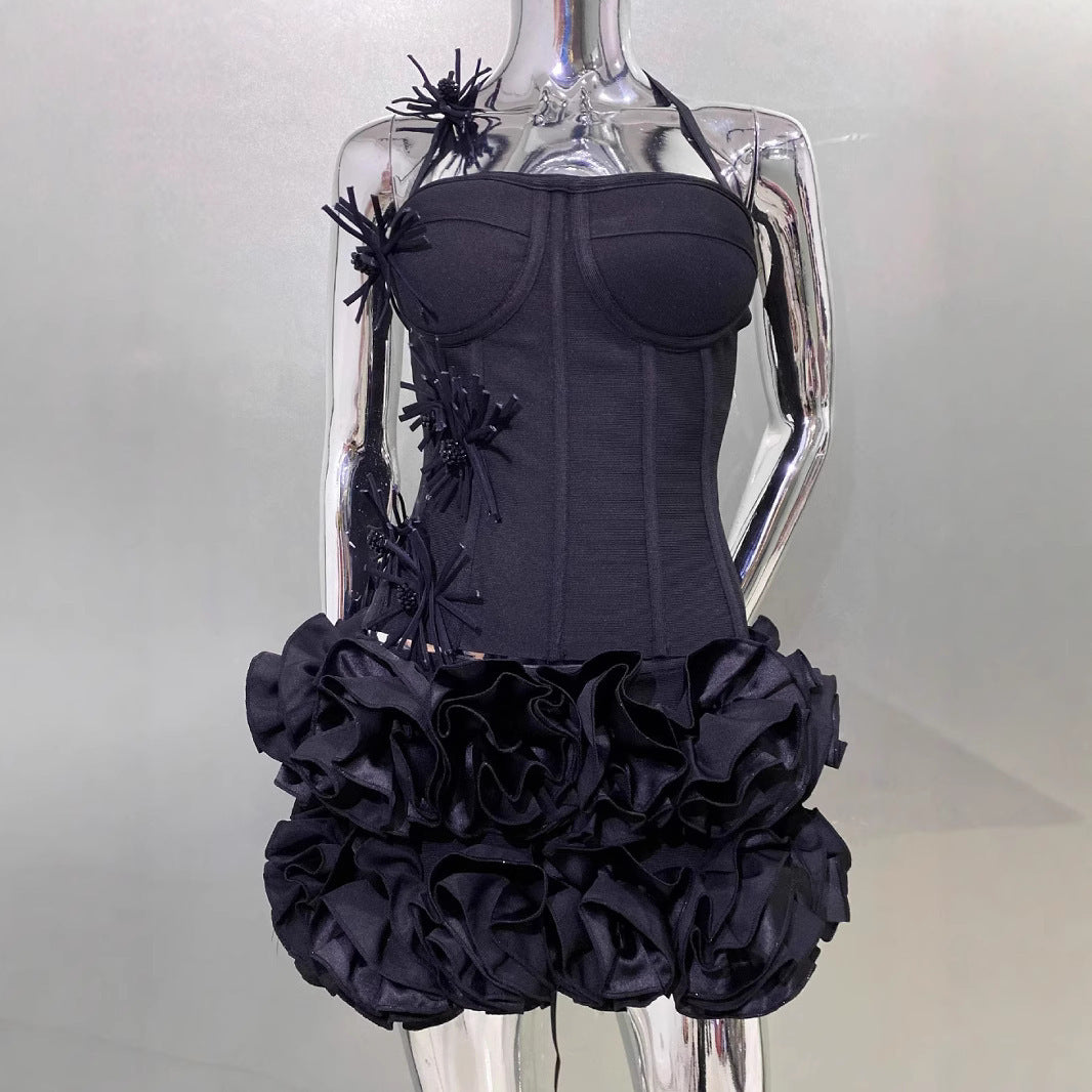 Bandage Vest Flower Evening Dress Two-piece Suit