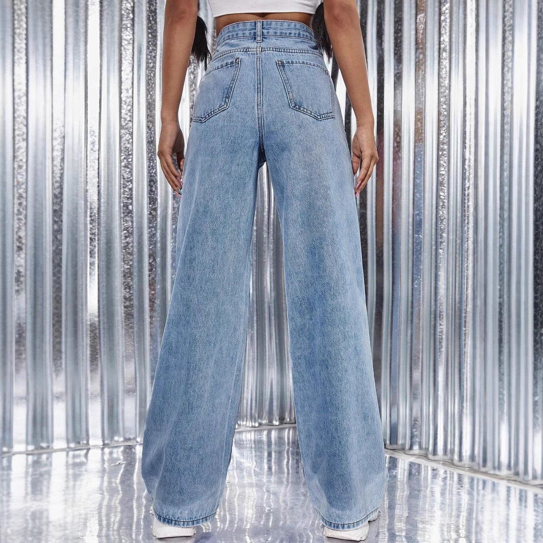 Women's Washed High Waist Straight-leg Denim Trousers