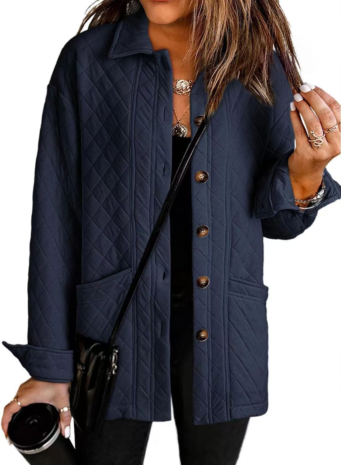 Women's Casual Quilted Jacket Button Long Sleeve Shirt With Pocket Coat