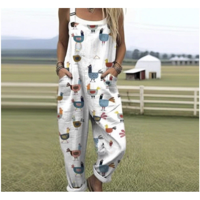 Women's Summer Digital Printing Button Casual Suspender Trousers
