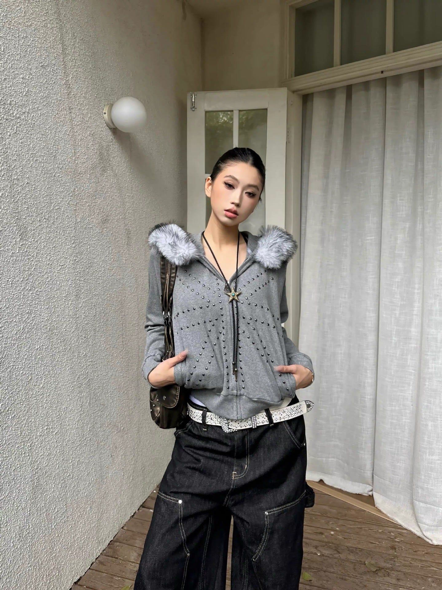 Women's Casual Loose Retro M Fur Collar Hood Bathroom Coat