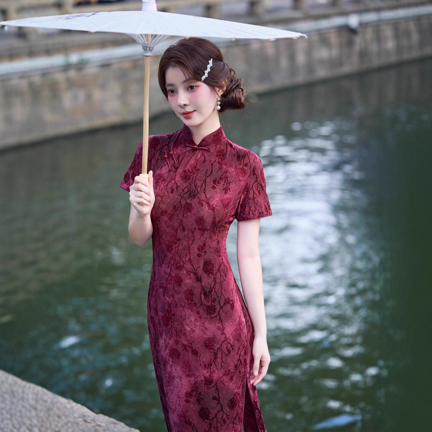 Wearable Flocking Red Small Flower Mid-length Cheongsam Women's Short Sleeve Retro