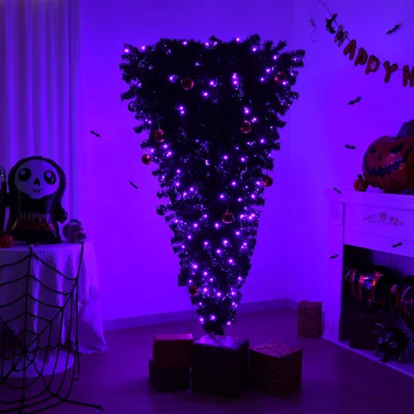 6 FT Pre-lit Upside Down Artificial Christmas Tree, Black Halloween Tree With 250 Purple Lights And Pumpkin & Skull Ornaments