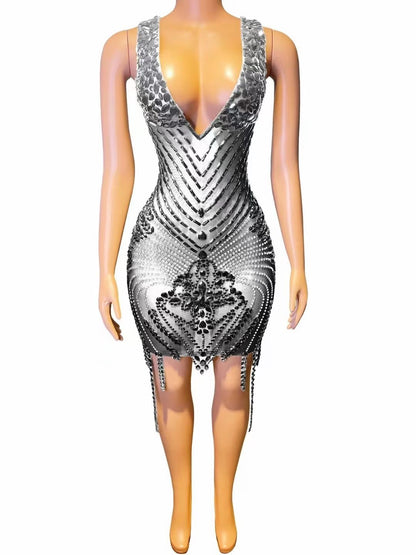 Rhinestone Sexy V-neck Tight Dress Party Dress Skirt