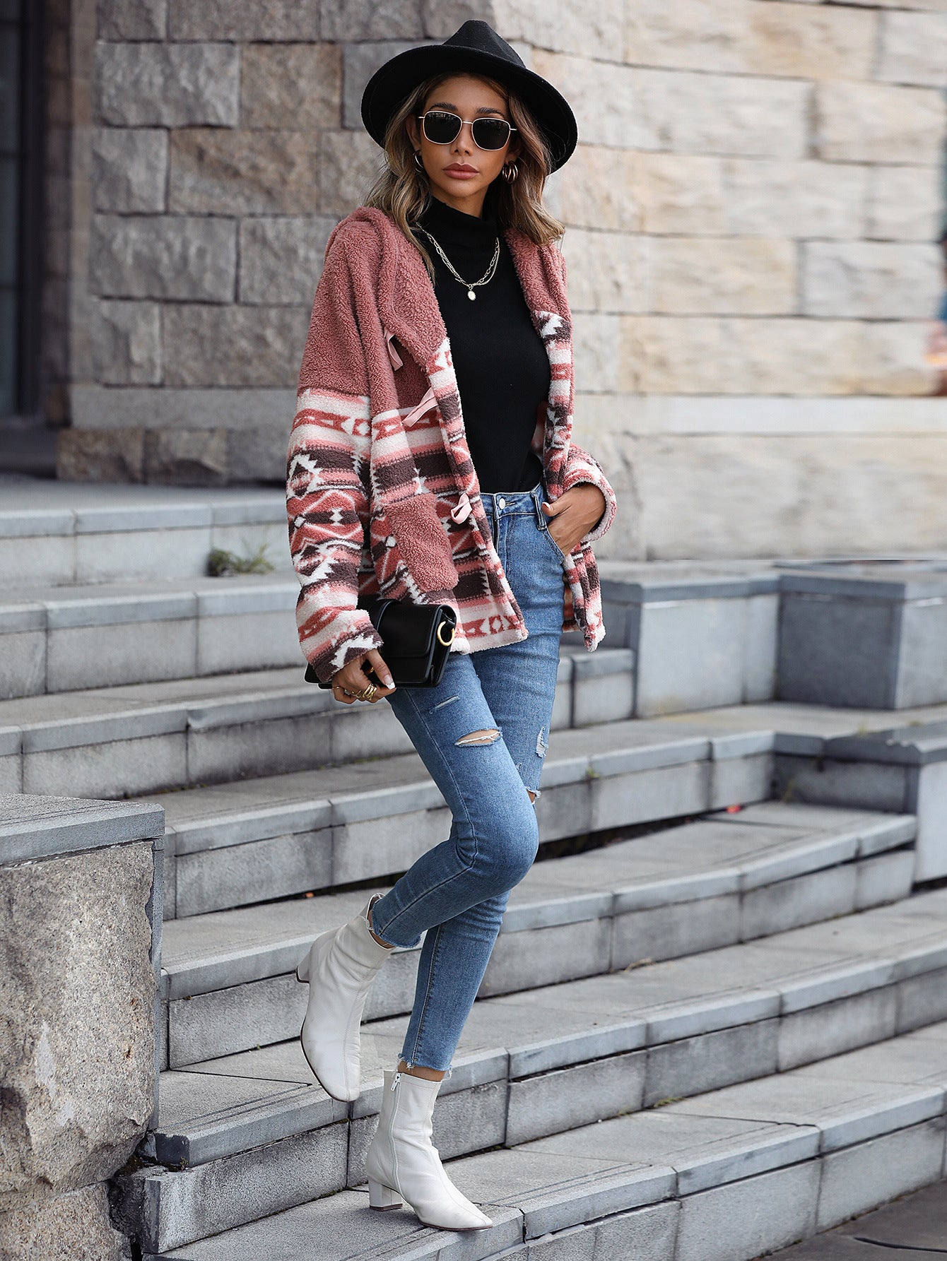 New Casual Women's Hooded Long-sleeve Geometric Horn Button Jacket