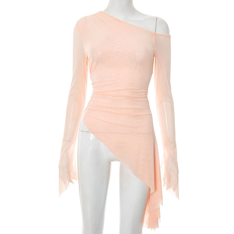 Women's Solid Color Diagonal Collar Beveled Hem Long Sleeve Top