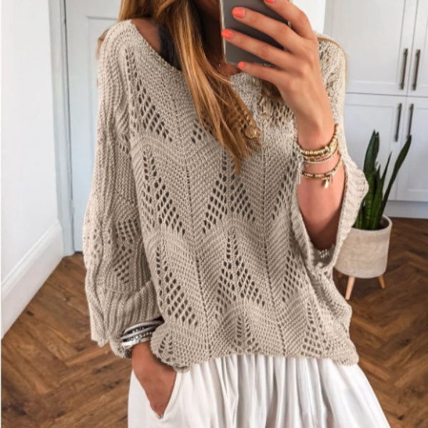 Female Leisure Hollow Out Parchment Hollow Sleeve Casual Sweater