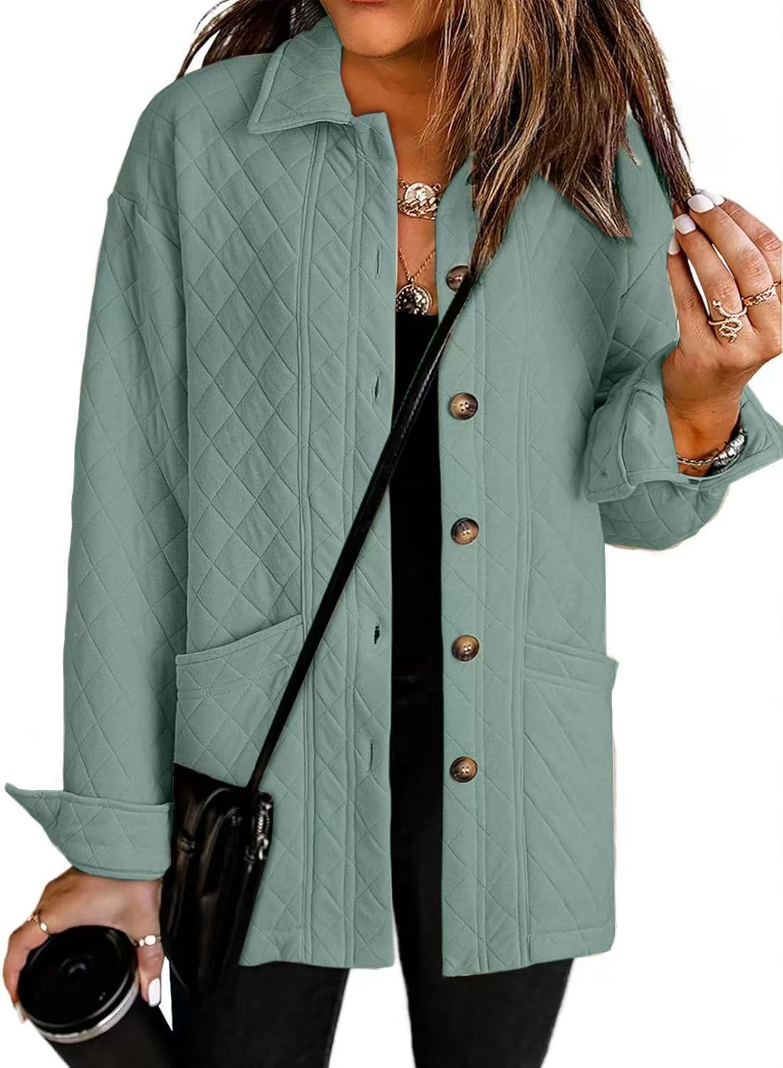 Women's Casual Quilted Jacket Button Long Sleeve Shirt With Pocket Coat