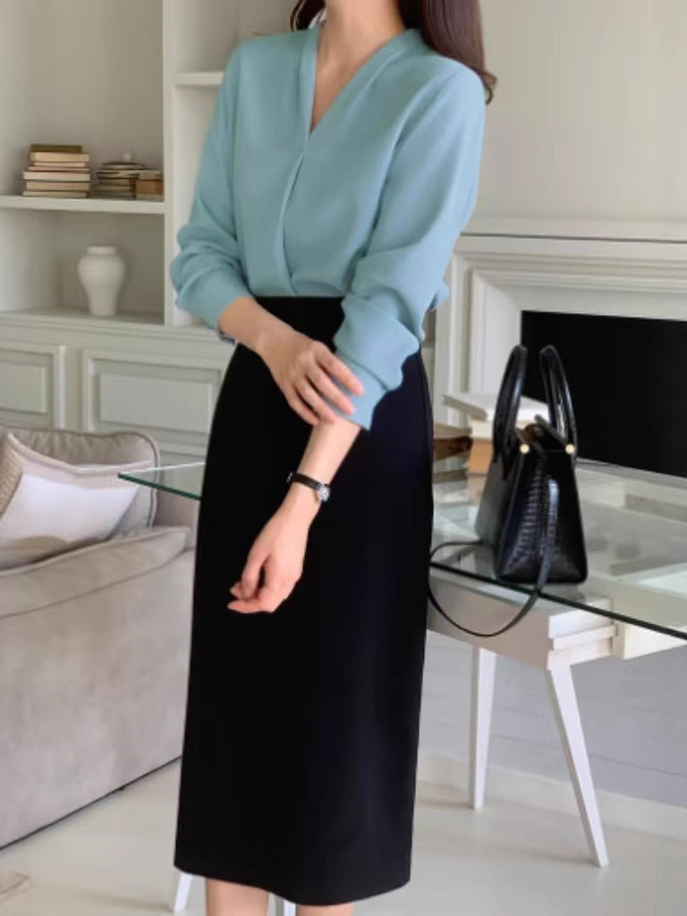 V-neck Long Sleeve Loose Korean Style Summer Business Chiffon Blouse Women