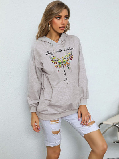 Fashion Butterfly Print Heel Wrapped Collar Brushed Hoody