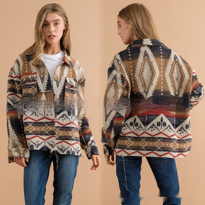 Retro Style Jacket Thick Retro Aztec Printed Woolen Coat